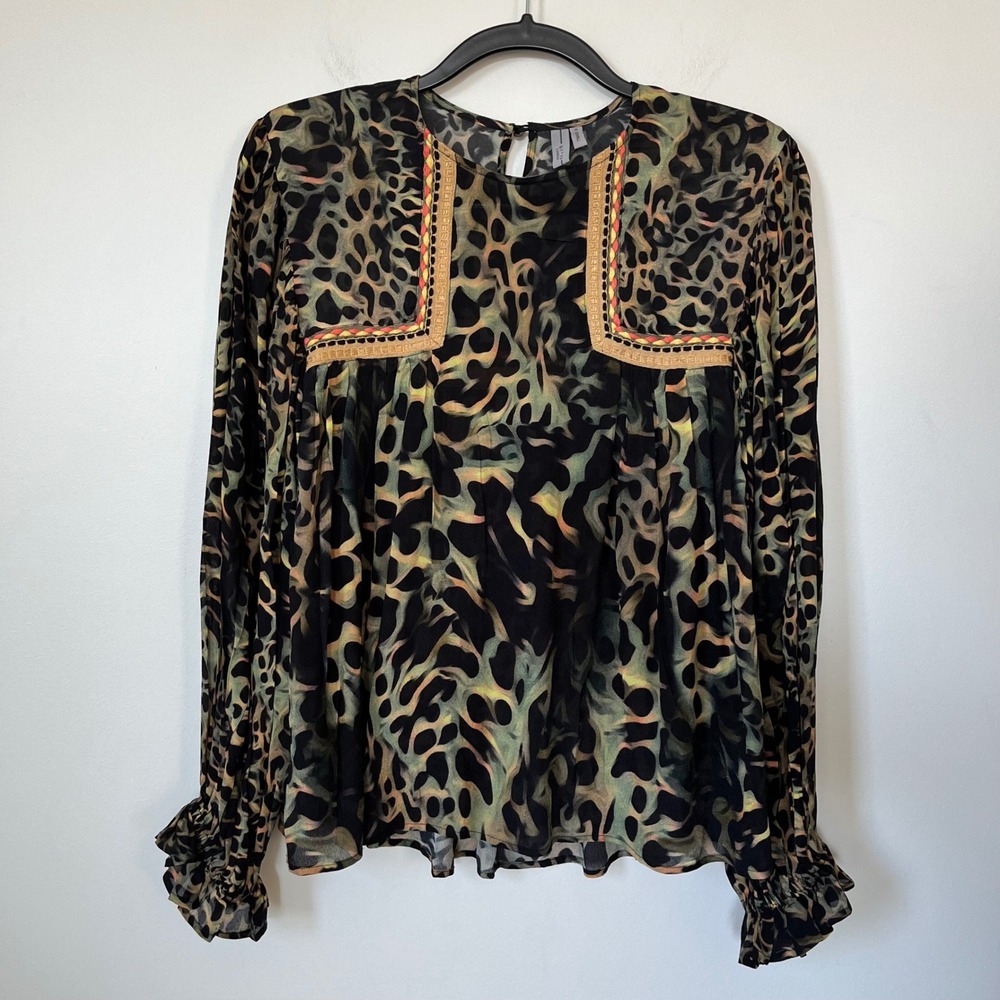 Bl^nk London Joelle Leopard Print Peasant Blouse XS Black Green - Picture 5 of 16